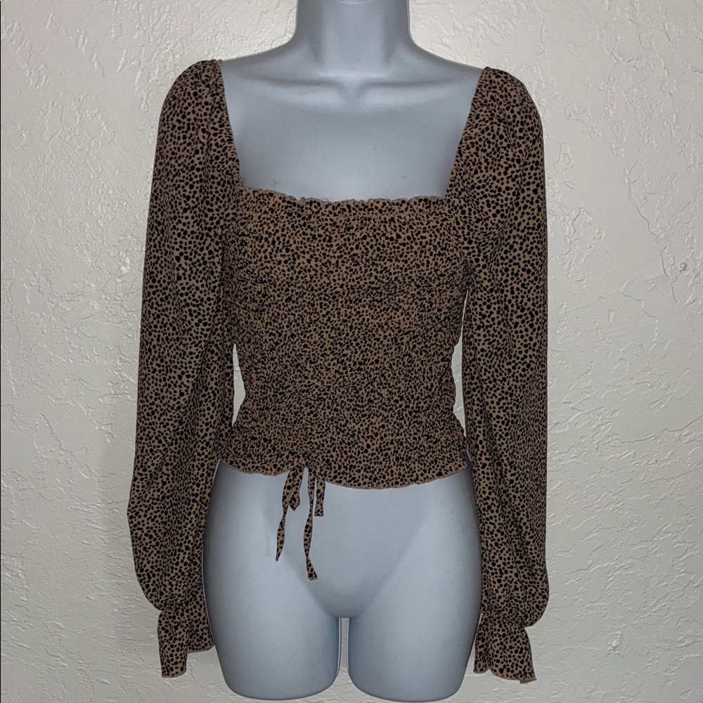Smocked Square-Neck Long Sleeve Leopard Blouse - Brown